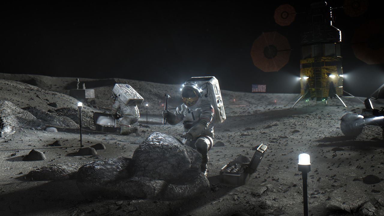 This illustration made available by NASA in April 2020 depicts Artemis astronauts on the Moon. On Thursday, April 30, 2020, NASA announced the three companies that will develop, build and fly lunar landers, with the goal of returning astronauts to the moon by 2024. The companies are SpaceX, led by Elon Musk; Blue Origin, founded by AmazonâÄ&#x2122;s Jeff Bezos; and Dynetics, a Huntsville, Ala., subsidiary of Leidos. (NASA via AP) [NASA - AP/Keystone]