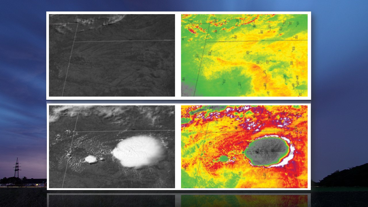 Kansas (USA) visible image on the upper left and low level humidity is detected on the upper right.  Below, atmospheric conditions after 3h30: Full-blown hail in the same area in the figure visible on the left.  The lower level of humidity is shown on the right. [Smial  - EUMETSAT/Wikipedia]