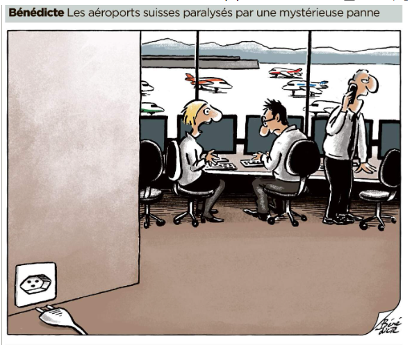 Bénédicte’s cartoon for print 24 hours, the day after the Skyguide crash. [Bénédicte - 24heures]