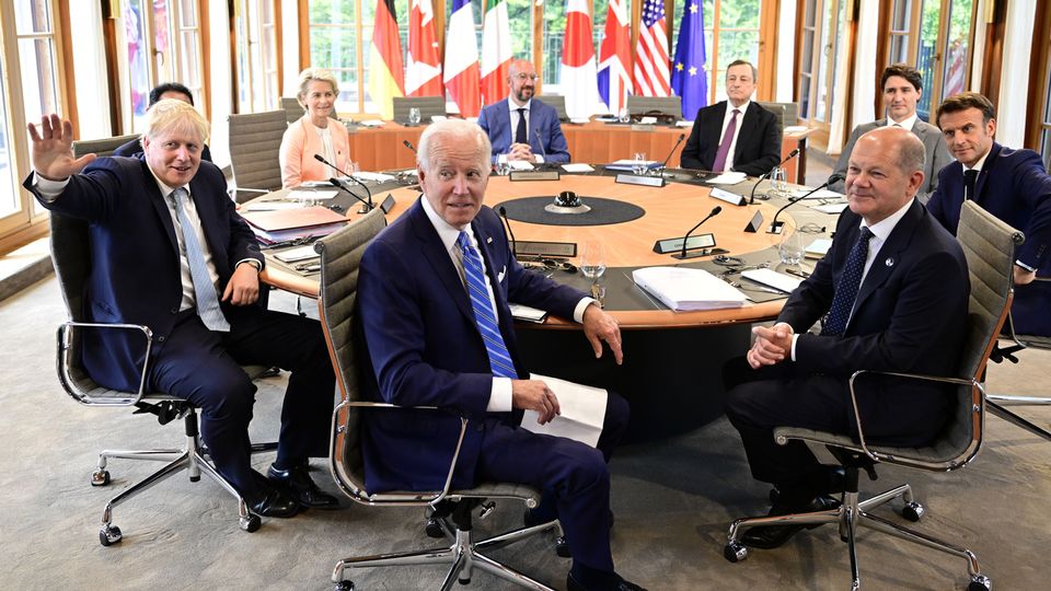 Les dirigeants du G7 et les dirigeants de l'Union européenne réunis en Allemagne. [John MacDougall/Pool Photo via AP - Keystone]