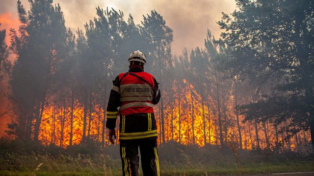 Samedi 16 juillet: un pompier face aux flammes à Landiras, en Gironde. [SDIS 33 via AP - Keystone]