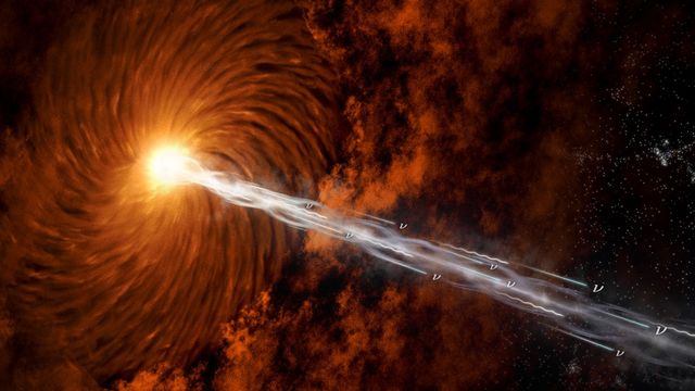 Vue d'artiste d'un blazar accélérant les rayons cosmiques, les neutrinos et les photons, comme observé dans les blazars PeVatron. [Benjamin Amend - UNIGE]