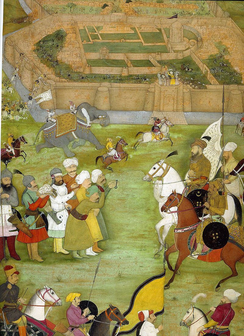 Miniature moghole représentant la reddition de la garnison perse safavide de la ville de Kandahar - dont on aperçoit les remparts à l'arrière-plan - en 1638 devant l'armée moghole de Shah Jahan.