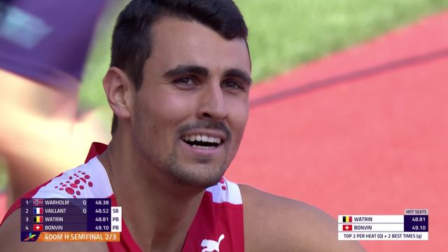Athlétisme, 400m haies, 1-2 finales: Julien Bonvin (SUI) se qualifie pour finale [RTS]