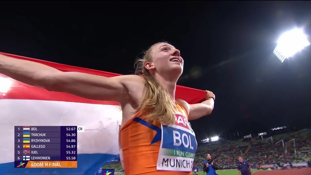 Athlétisme, 400m haies dames, finale: Femke Bol (NED) réussit le doublé après le 400m plat en 52’’67 ! [RTS]
