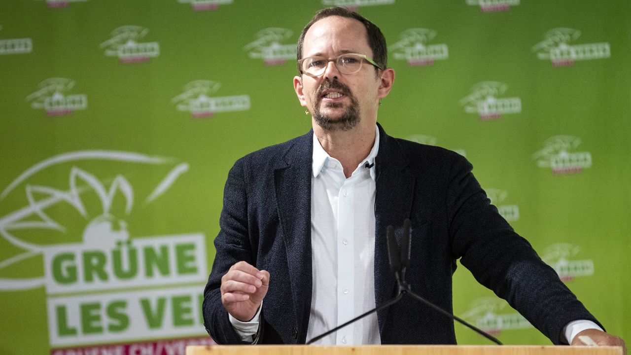 Le président des Verts Balthasar Glättli lors de l'assemblée des délégués 2022 du parti. [Alexandra Wey - Keystone]