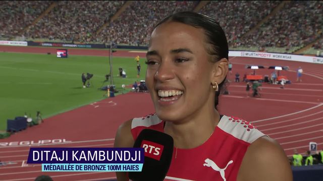 Athlétisme, 100m haies dames, finale: l'émotion de Ditaji Kambundji (SUI) lors de son interview [RTS]