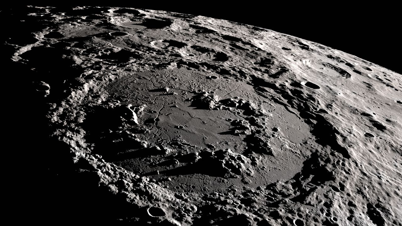 Une vue du Bassin de Schrödinger et du Pôle Sud de la Lune. [GSFC Scientific Visualization Studio - NASA]