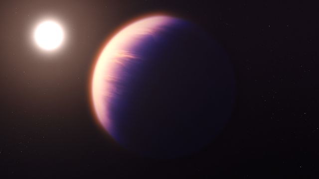 Cette illustration montre ce à quoi l’exoplanète WASP-39b pourrait ressembler.
Joseph Olmsted (STScI)
NASA/ESA/CSA  [Joseph Olmsted (STScI) - NASA/ESA/CSA ]