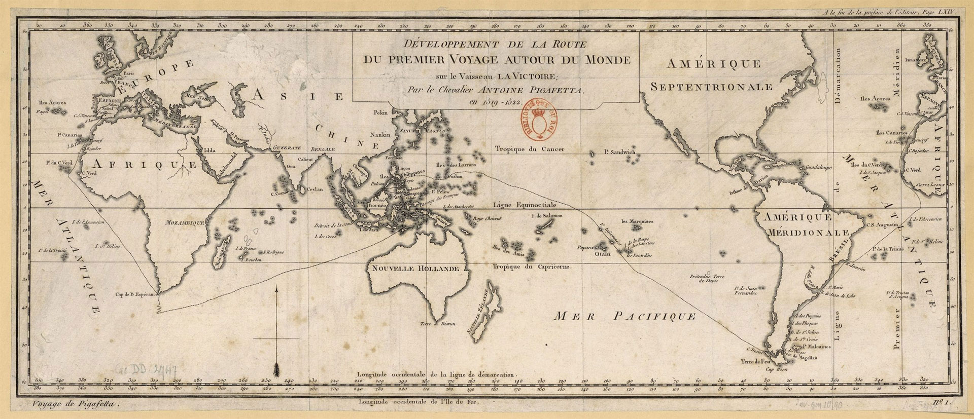 Carte du premier voyage autour du monde, par le chevalier Pigafetta, sur l’escadre de Magellan, pendant les années 1519 à 1522.