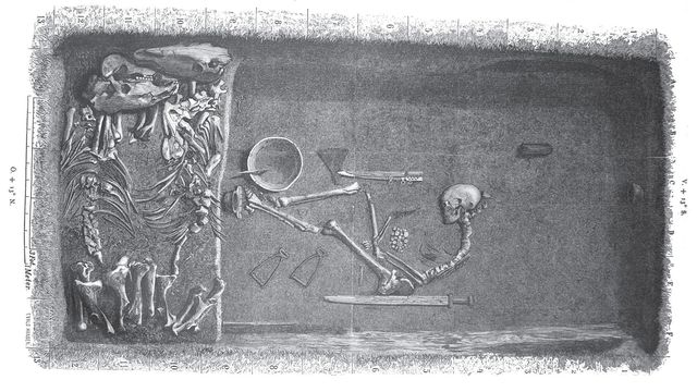 La chambre funéraire de Birka, gravure réalisée par Evald Hansen et publiée dans l'American Journal of Physical Anthropology en 1889. [Public domain - wikimedia.org]