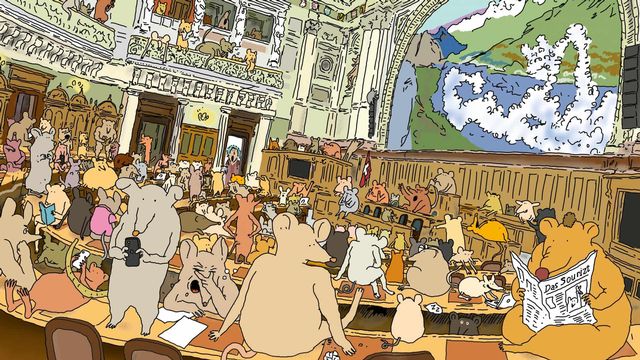 "Les souris du Palais fédéral" est un récit illustré pour sensibiliser les plus jeunes citoyennes et citoyens à la politique suisse. [OSL - Valentine Zuber & Pierre Schilling]
