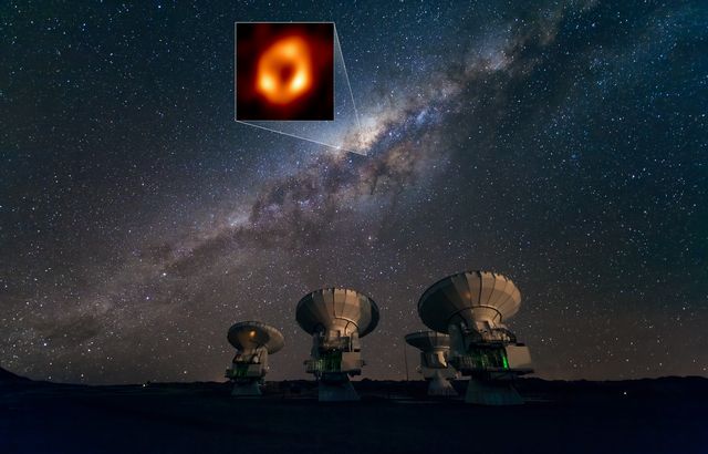 ALMA (Atacama Large Millimeter/submillimeter Array) observes the Milky Way and the location of Sagittarius A*, the supermassive black hole at the center of our galaxy.  The image of Sgr A* taken by the Event Horizon Telescope (EHT) collaboration is highlighted in the inset.  Located in the Atacama desert in Chile, ALMA is the most sensitive of all the observatories in the EHT network. [ESO/José Francisco Salgado (josefrancisco.org) - EHT Collaboration]