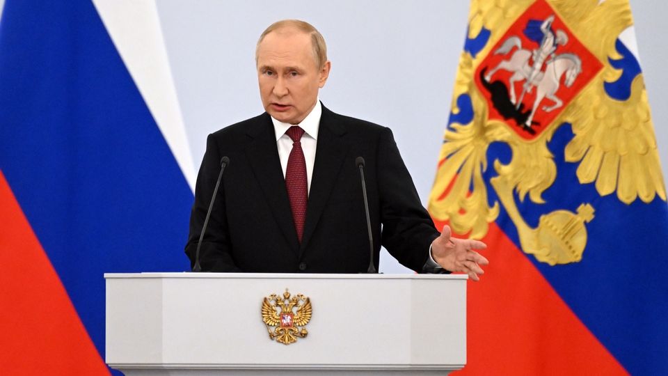 Vladimir Poutine lors de son discours vendredi au Kremlin. [Gavriil Grigoro, Sputnik, Kremlin Pool Photo - Keystone]