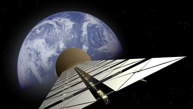 Vue d'artiste d'un satellite servant à envoyer de l'énergie solaire sur Terre. [European SPS Tower concept - ESA]