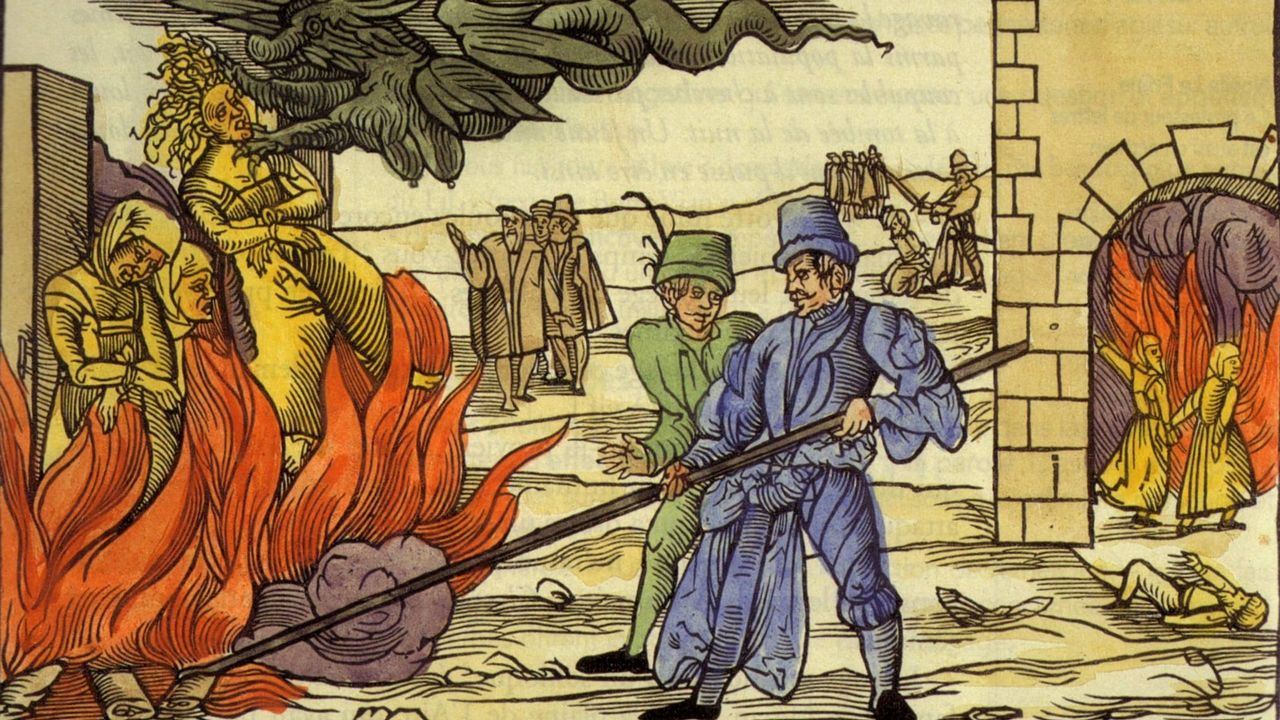 Gravure médiévale montrant des sorcières brûlées sur le bûcher à Derenburg en 1555. [DP]