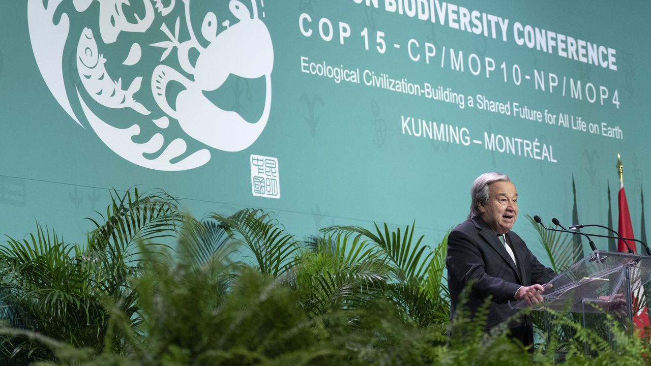 Le secfrétaire général de l'ONU Antonio Guterres à l'ouverture officielle de la COP15 sur la biodiversité à Montréal, 06.12.2022. [Paul Chiasson - The Canadian Press/AP/Keystone]