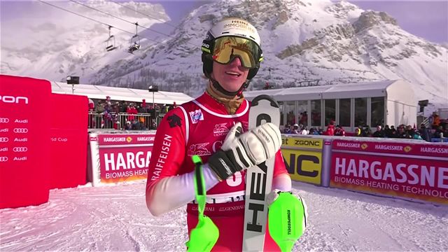 Val d'Isère (FRA), Slalom messieurs, 1re manche: Tanguy Nef (SUI) au départ de la manche [RTS]