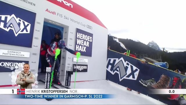Garmisch (ALL), slalom messieurs, 1re manche: Henrik Kristoffersen (NOR) en tête de la première manche [RTS]