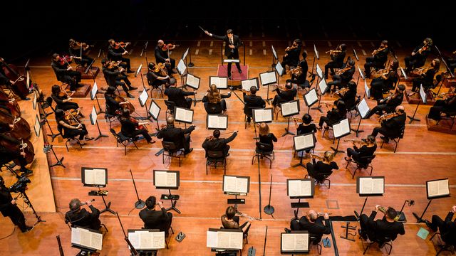 Le chef d'orchestre Leo McFall dirige l'Orchestre national du Capitole lorsd'un concert à Toulouse en février 2021. [Frédéric Scheiber - Hans Lucas via AFP]