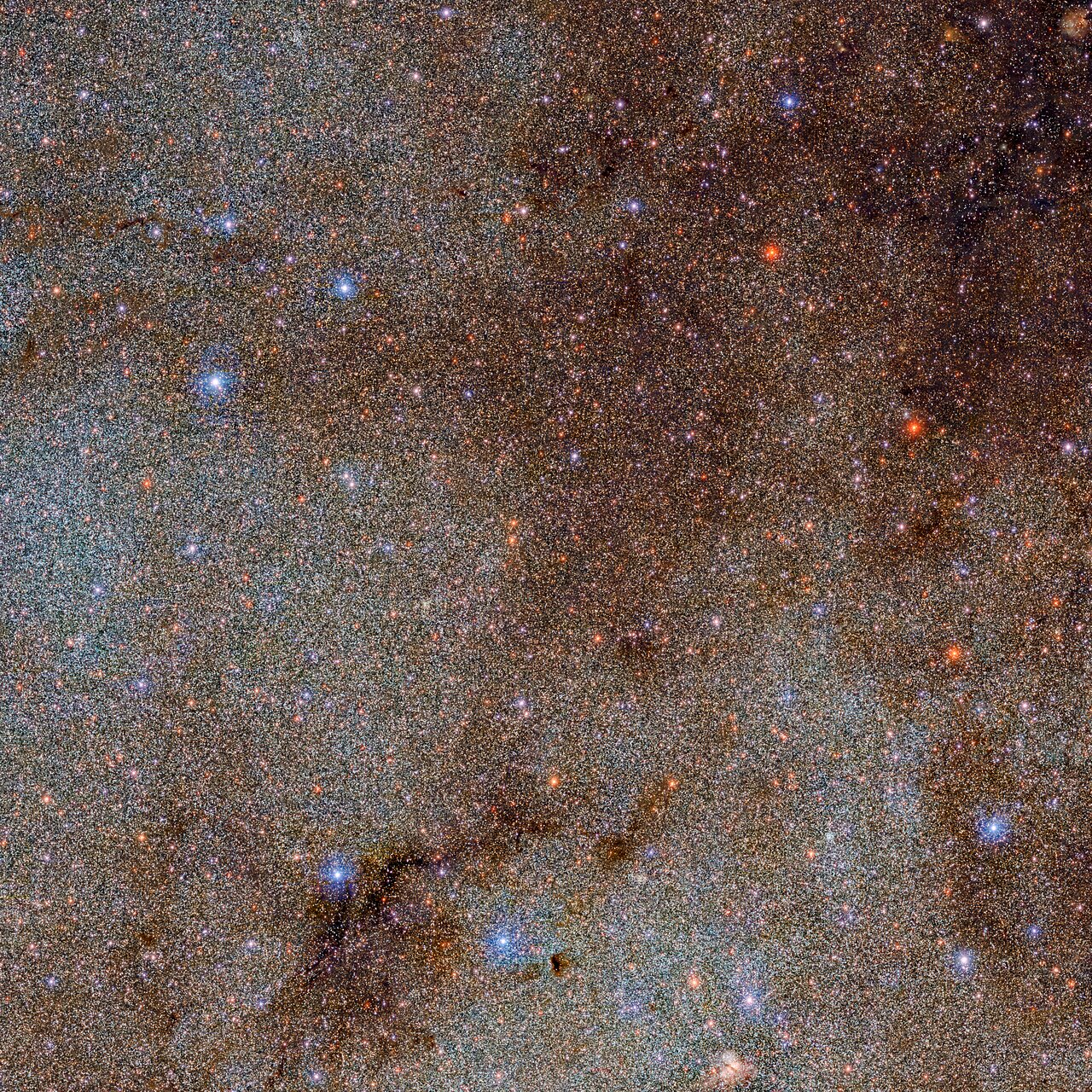 This image, which is full of stars and dark dust clouds, is just a small snippet – a pinhead!  – the entire DECaPS2 (Dark Energy Camera Plane Survey) study of the Milky Way. [M. Zamani & D. de Martin (NSF’s NOIRLab) - DECaPS2/DOE/FNAL/DECam/CTIO/NOIRLab/NSF/AURA]