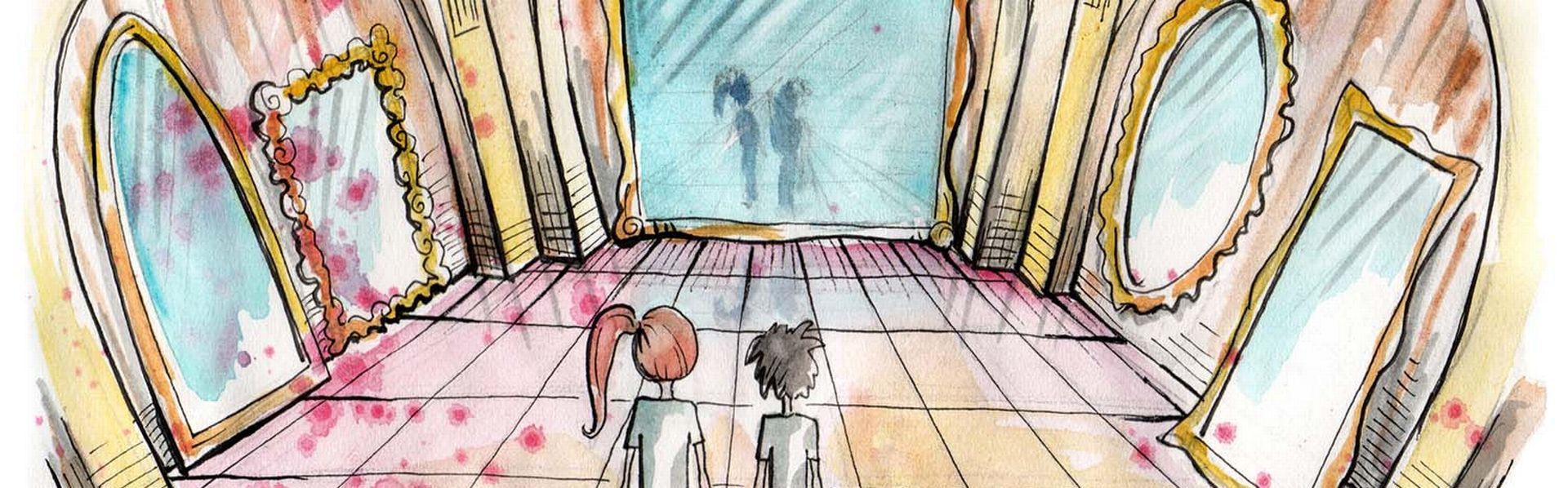 Deux enfants debout dans une galerie de glaces. [sSplajn - Depositphotos]