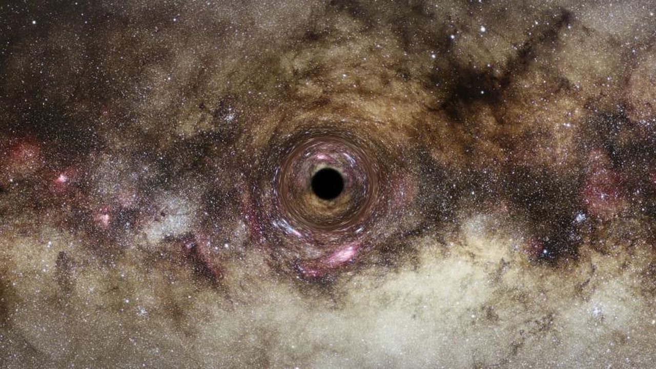 Illustration artistique d'un trou noir: son champ gravitationnel intense déforme l'espace qui l'entoure. Cela déforme les images lumineuses en arrière-plan, alignées presque directement derrière lui, en anneaux circulaires distincts. Cet effet de lentille gravitationnelle offre une méthode d'observation pour déduire la présence de trous noirs et mesurer leur masse, en fonction de l'importance de la courbure de la lumière. [ESA/Hubble, Digitized Sky Survey, Nick Risinger (skysurvey.org), N. Bartmann - CC BY 4.0]