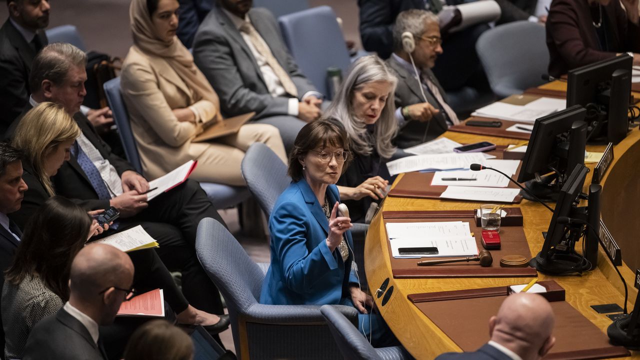 L'ambassadrice suisse à l'ONU Pascale Baeriswyl s'exprime au Conseil de sécurité, le 24 mars 2023. [Alessandro della Valle - Keystone]