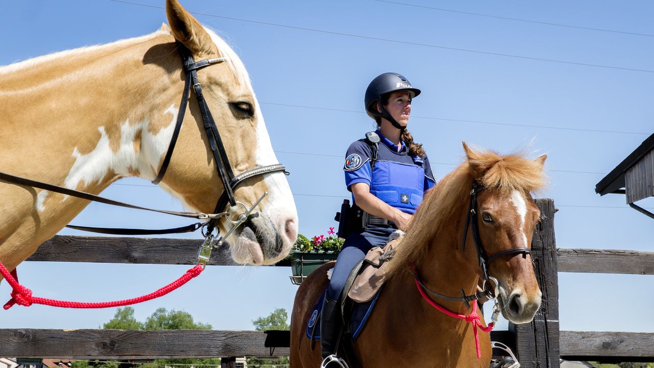Une policière pose avec son cheval lors du lancement de la brigade équestre de la police genevoise et de la signature de la convention de collaboration avec le refuge de Darwyn, le 27 avril 2018, a Sézenove (GE). [Magali Girardin - Keystone]