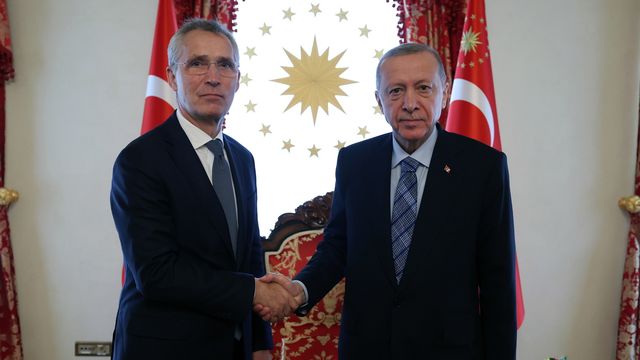 Le président turc Recep Tayyip Erdogan (à droite) et le secrétaire général de l'OTAN Jens Stoltenberg (à gauche) lors de leur réunion à Istanbul, en Turquie, le 4 juin 2023. [EPA/BUREAU DE PRESSE PRÉSIDENTIEL TURC - Keystone]