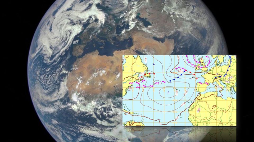 La Terre vue par le satellite Meteosat et position de l'anticyclone des Açores en été [Eumetsat/Meteofrance]