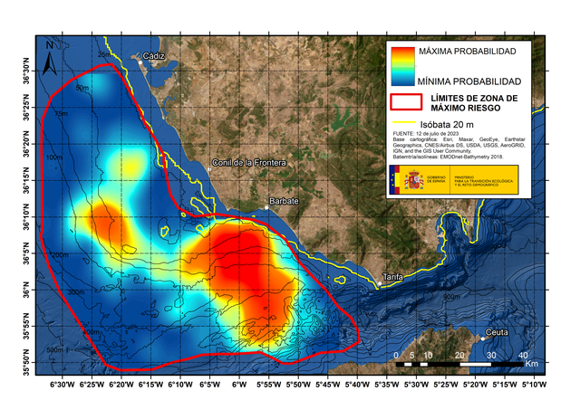 A map showing the danger zones of orca attacks in the Strait of Gibraltar. [mitma.gob.es]