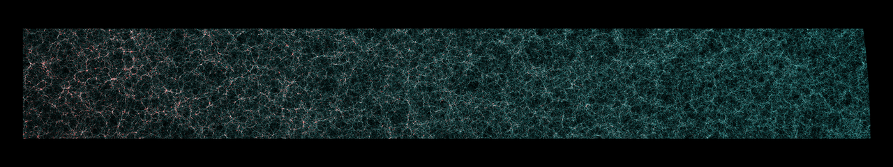 Les galaxies centrales, peuplant le centre des halos de matière noire, sont en bleu. Les galaxies satellites, dans les halos les plus massifs, dans les pics de densité les plus élevés de la matière noire sous-jacente, sont indiquées en rouge. Le temps s'écoule de droite à gauche sur cette image. [J. Carretero (PIC), P. Tallada (PIC), S. Serrano (ICE) and the Euclid Consortium Cosmological Simulations SWG - Euclid/ESA]